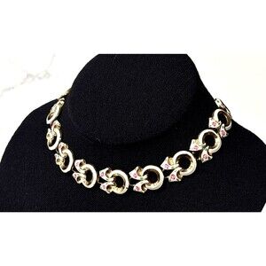Vintage Enamel Rose Choker Necklace Gold Tone Floral Link 15”